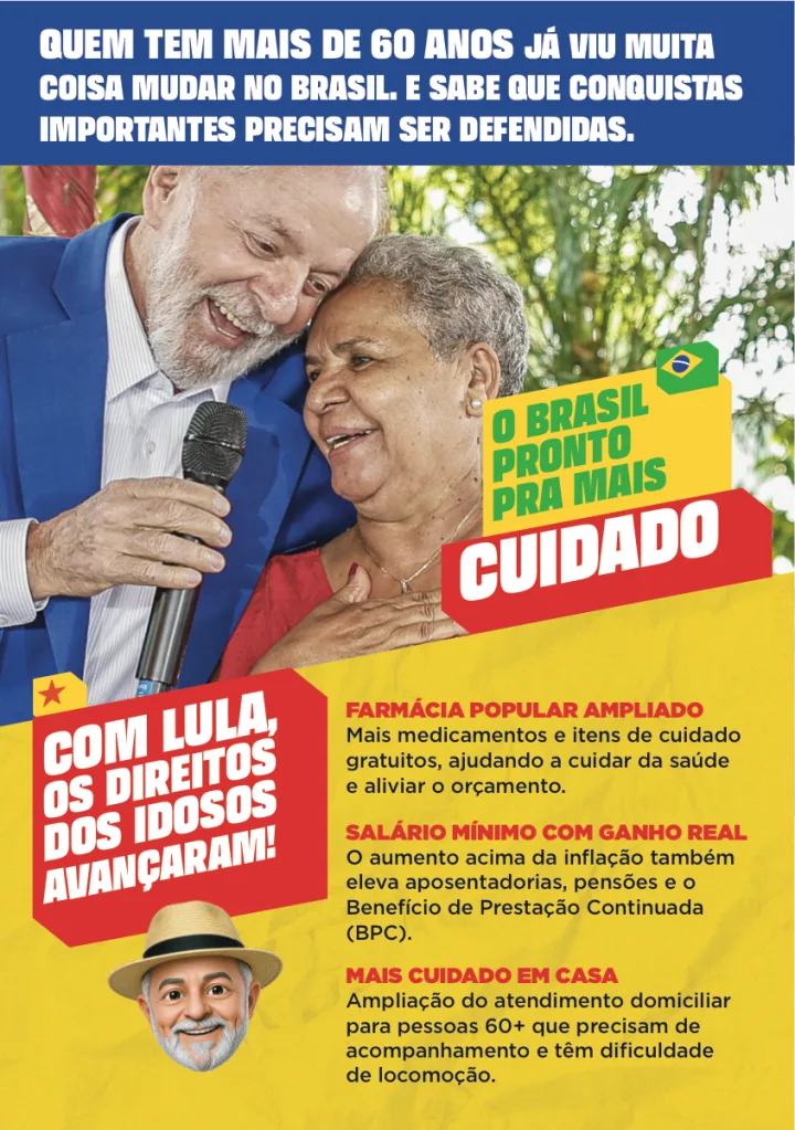 Capa do panfleto: Lula abraçando uma apoiadora, com o título Com Lula, os direitos dos idosos avançaram